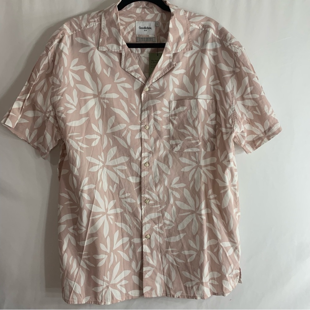 NWT Goodfellow & Co The Vacay Collection Pink Leaf Print Button-Up Shirt, size L